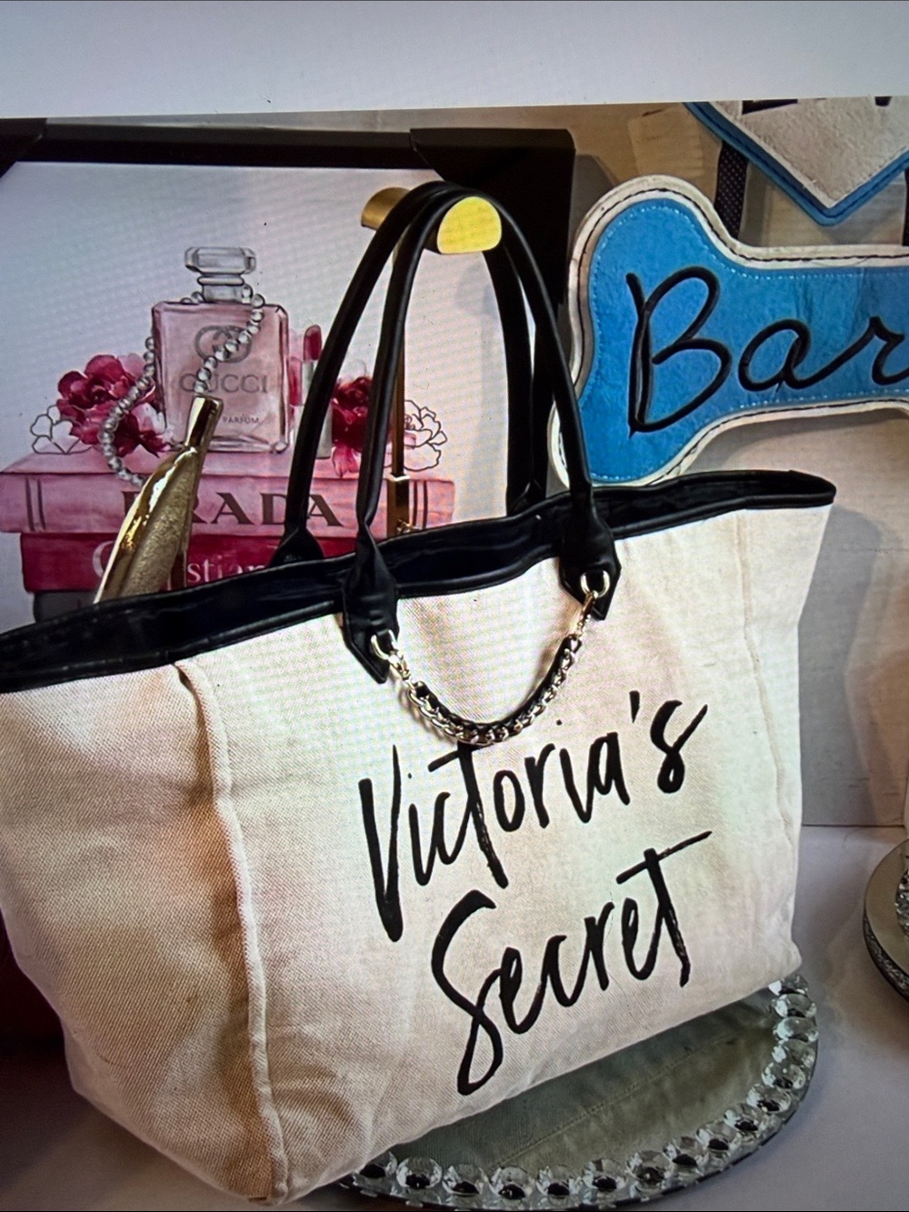 Victoria's Secret Beige Canvas Tote with Black Trim and Chain Handles